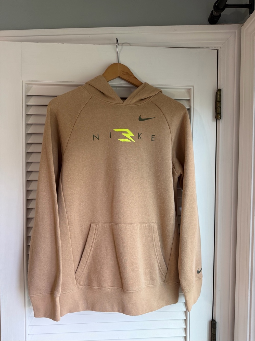 Nike Tan Hoodie with Neon Yellow Logo